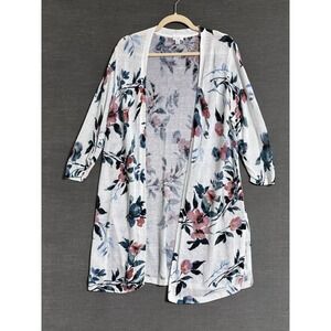 j jill Cardigan M White Pink Floral Linen‎ Blend Lightweight Beach Boho Casual